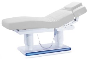 Massagebank Emilia 2.0 op 2 kolommen met grijze matras en witte basis, LED licht en verwarming