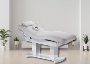 Massagebank Reggio 2.0 met witte houten basis, grijze bekleding en verwarming
