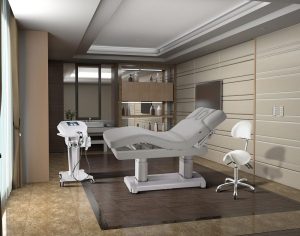 Table de massage Modena base blanc, revêtement gris, avec 4 moteurs et chauffage