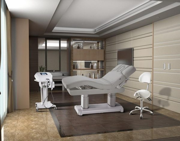 Table de massage Modena base blanc, revêtement gris, avec 4 moteurs et chauffage
