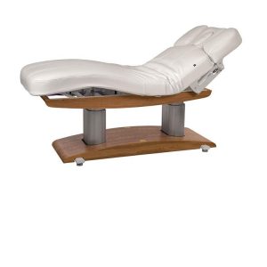 Table de massage Venetia base brun clair et matelas en blanc avec 4 moteurs, chauffage et acoustic vibration