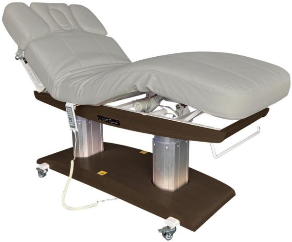 Table de massage Venetia base brun foncé et revêtement gris avec 4 moteurs, chauffage et acoustic vibration