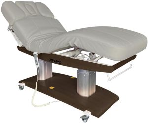 Massagebank Venetia donkerbruine basis en grijze bekleding met 4 motoren, verwarming en acoustic vibration