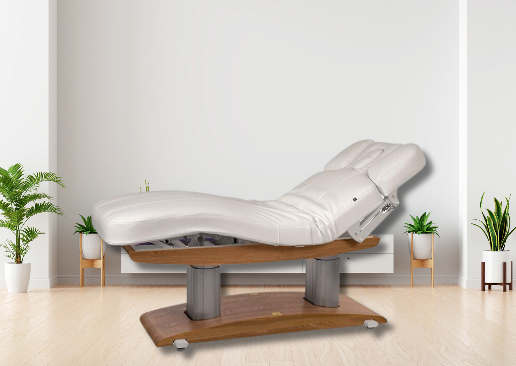 Massagebank Venetia basis natuurhout en witte matras met 4 motoren, verwarming en acoustic vibration