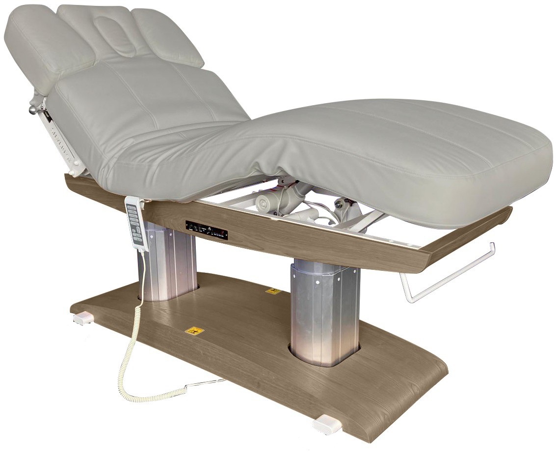 Massagebank Venetia basis bruin hout en grijze bekleding met 4 motoren, verwarming en acoustic vibration