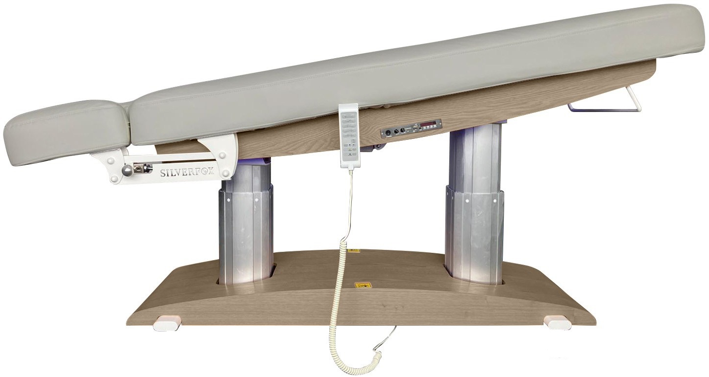 Massagebank Venetia basis bruin hout en grijze bekleding met 4 motoren, verwarming en acoustic vibration