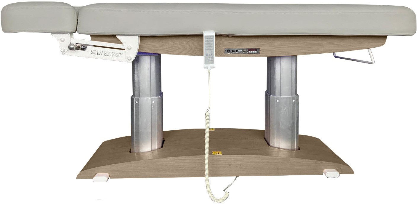 Massagebank Venetia basis bruin hout en grijze bekleding met 4 motoren, verwarming en acoustic vibration