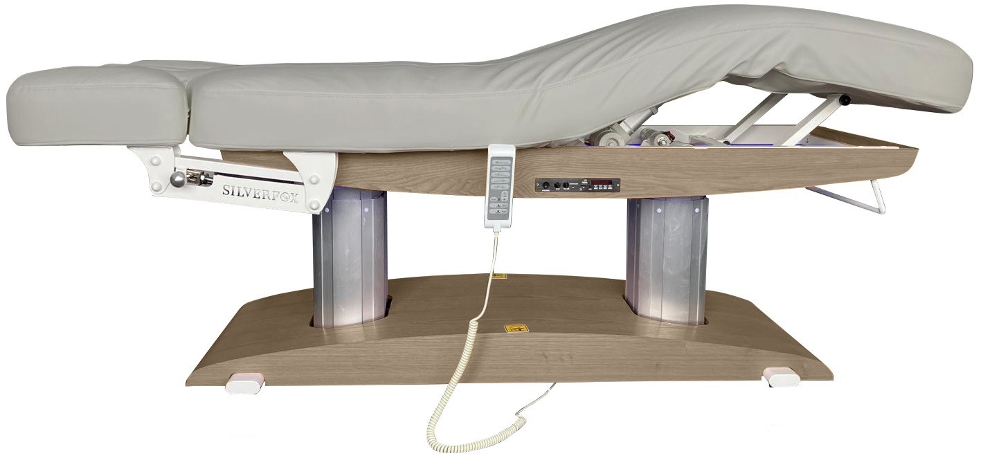 Massagebank Venetia basis bruin hout en grijze bekleding met 4 motoren, verwarming en acoustic vibration