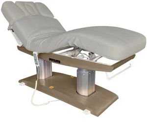 Massagebank Venetia basis bruin hout en grijze bekleding met 4 motoren, verwarming en acoustic vibration