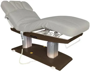 Massagebank Venetia donkerbruine basis en grijze bekleding met 4 motoren, verwarming en acoustic vibration