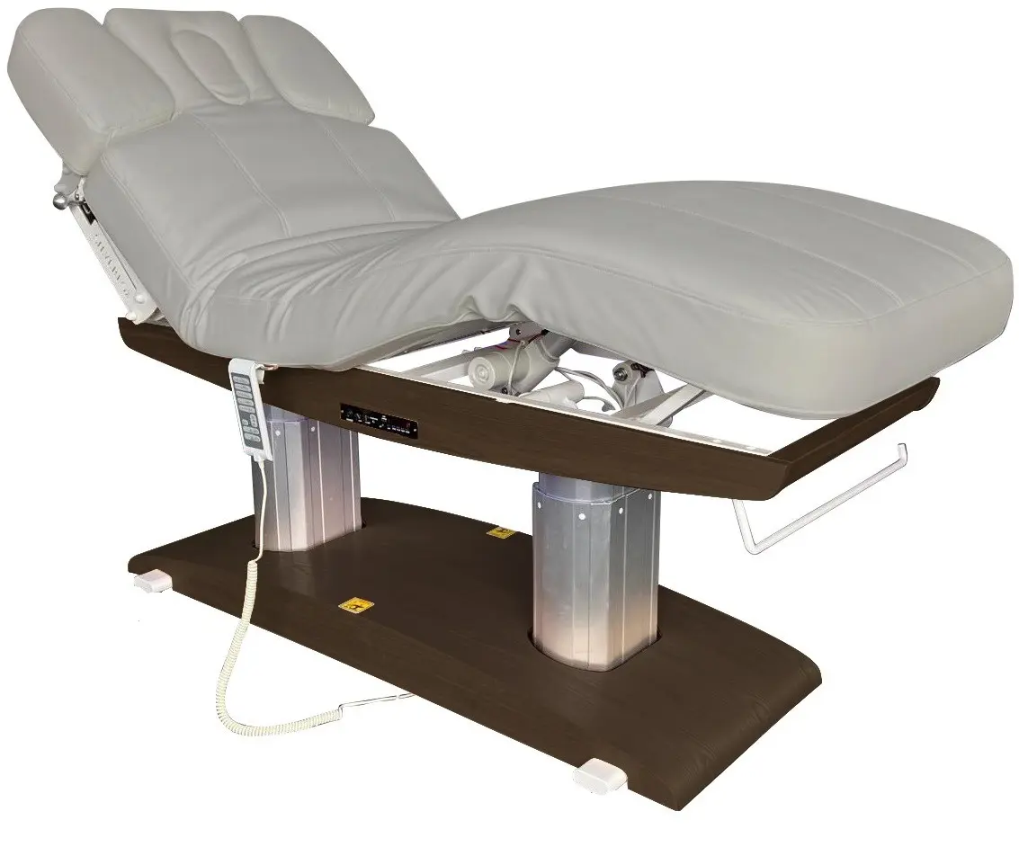 Massagebank Venetia donkerbruine basis en grijze bekleding met 4 motoren, verwarming en acoustic vibration